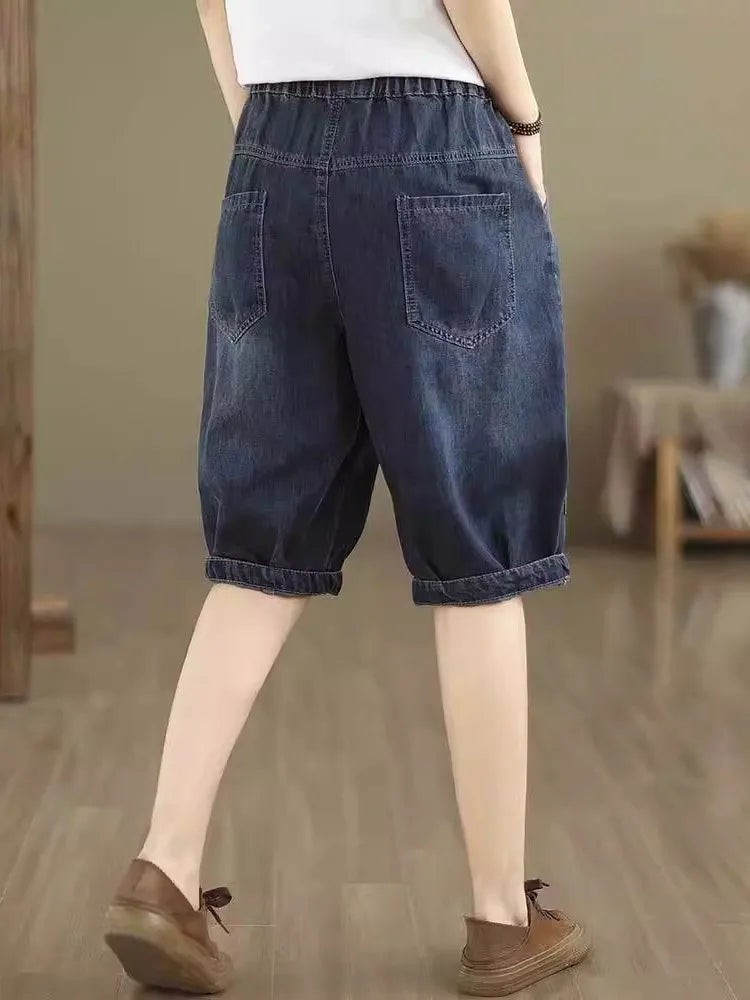 Summer Thin Cartoon Embroidered Loose Casual High Waist Harem Shorts Women's Five-Quarter Length Jeans Style Loose Fit Shorts