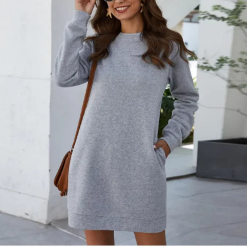 Crew Neck Sweatshirt Dress With Pockets Casual Slim Long Sleeve Dresses For Women Daily Fall Wear Work Commute