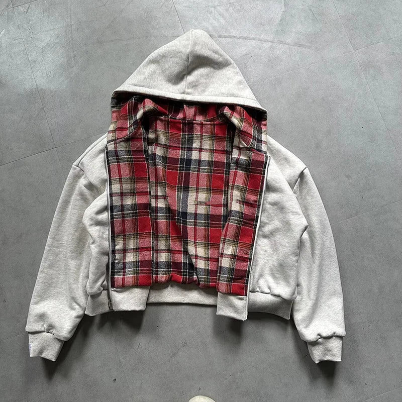 Korean Fashion Double Side Wear Plaid Hoodies Women Autumn Winter Zip Up Y2K Hooded Shirt Coats Trendy Female Loose Sweatshirts