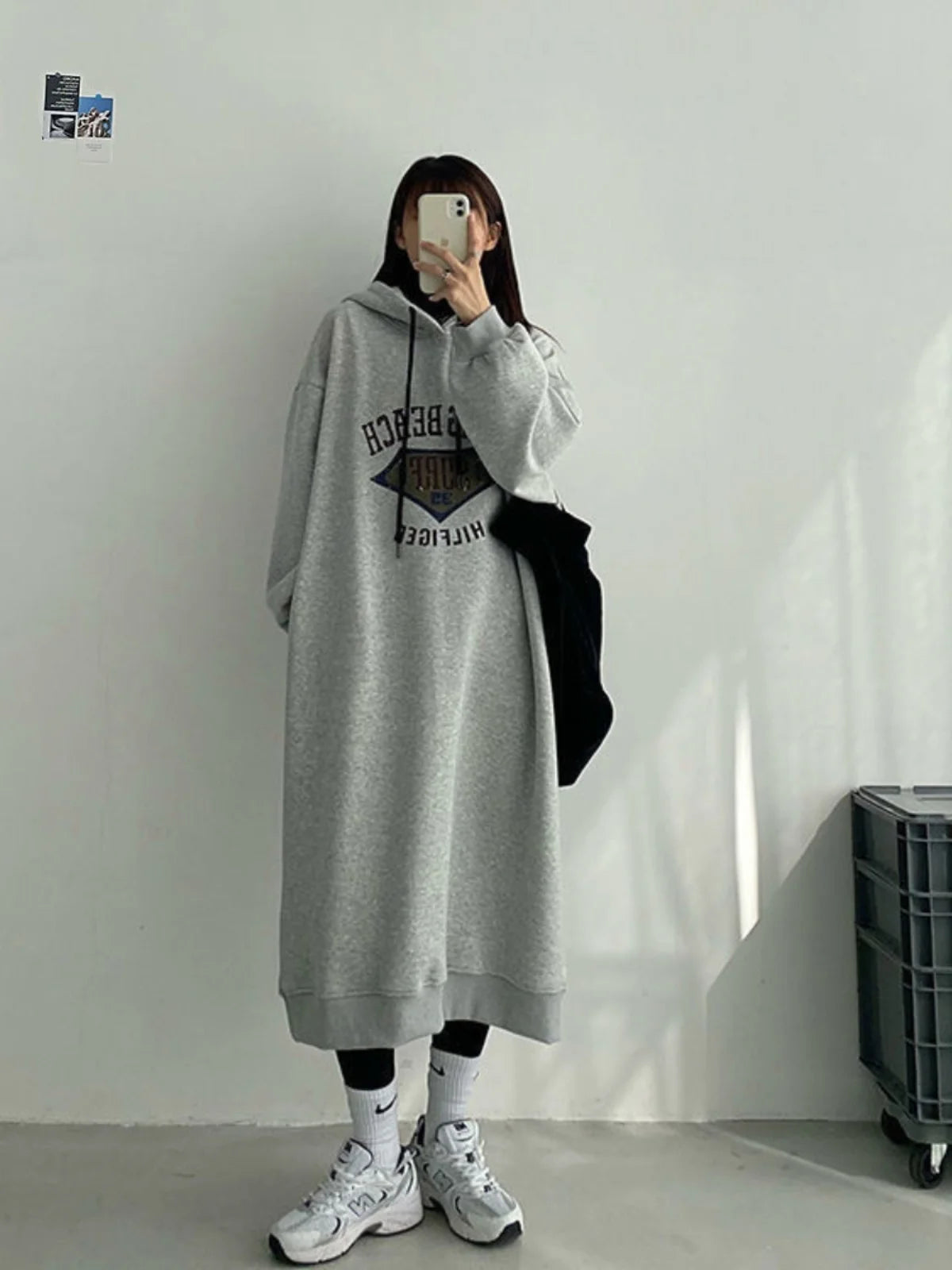 plus Size Women's Fleece Lined Hoodie Dress Conceal Meat Lazy Style Loose Autumn Winter Long Sleeve mid Length a Line Dress