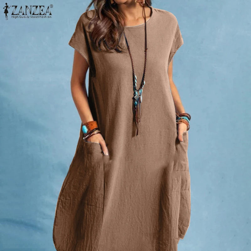 ZANZEA Summer Casual Cotton Dress for Woman O-Neck Short Cap Sleeve Loose Cotton Knee-Length Dress Vacation Day Wear Robes Femme