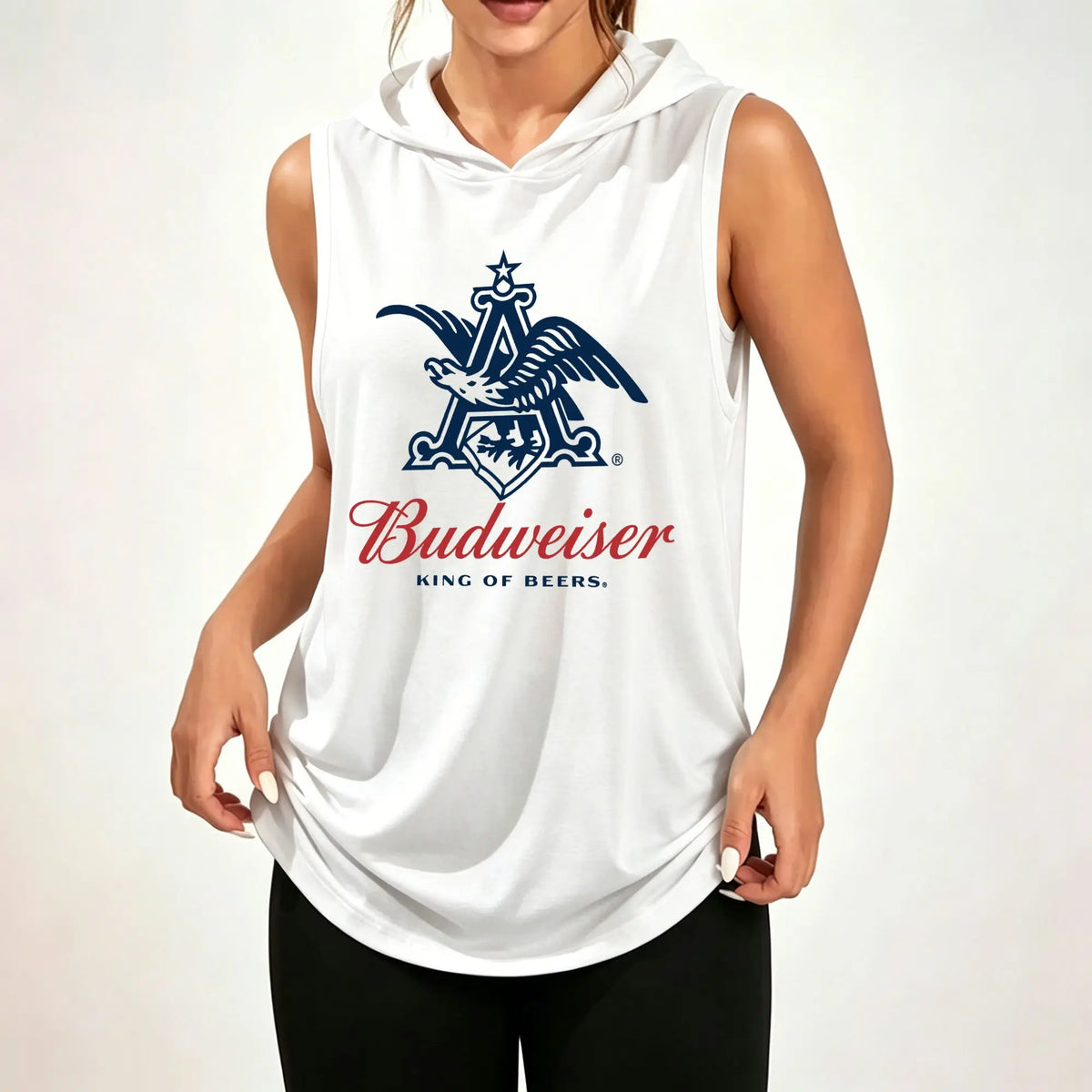 Women Sleeveless Hooded Tank Top Retro Budweiser Eagle Logo Graphic Print Vest Casual Loose Sleeveless Hoodie Daily Wear Hood Tank Tops ****