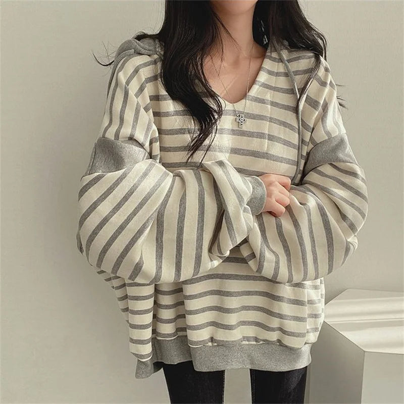 Korean Fashion Striped Patchwork Loose Hoodies Women Autumn Casual Long Sleeve Hooded Shirt Streetwear Y2K Oversized Sweatshirt