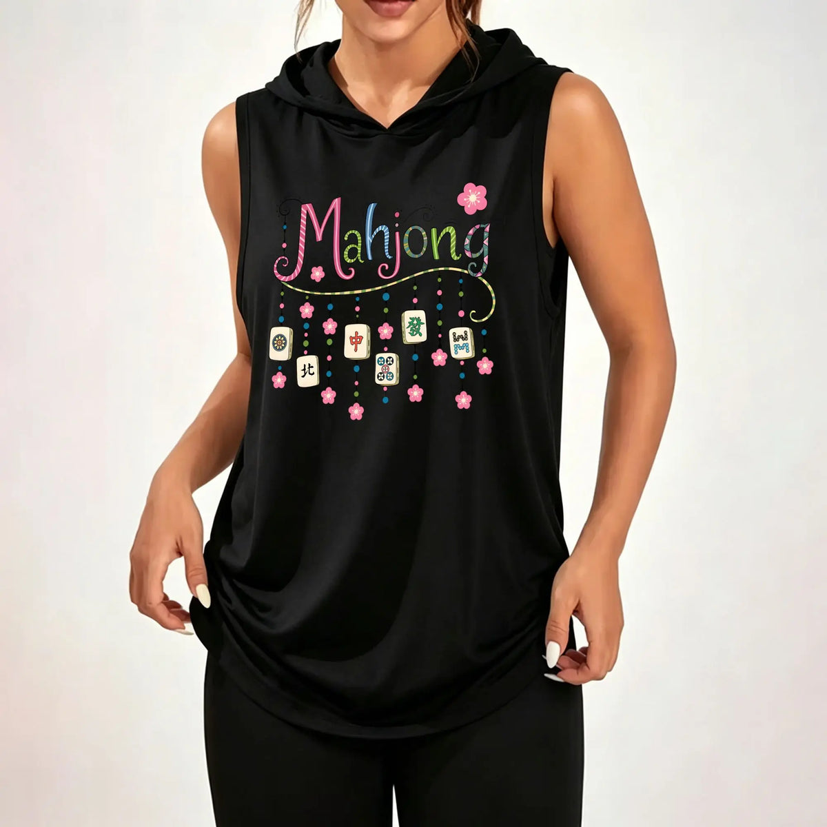 Women Sleeveless Hooded Tank Top Mahjong Tile Flower Graphic Print Vest Casual Loose Sleeveless Hoodie Daily Wear Hood Tank Tops