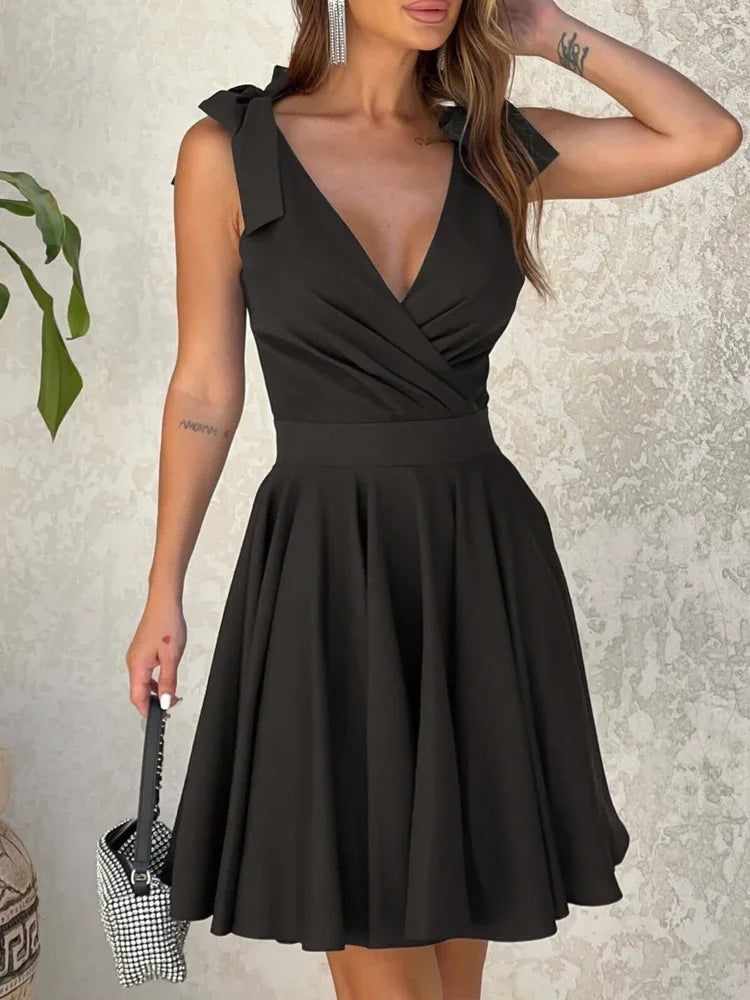 Summer Elegant Solid Color Suspender Mini Dress Sexy Deep V-neck Dress Fashion Pleated Dresses Sweet Bow Women's Clothing 9208