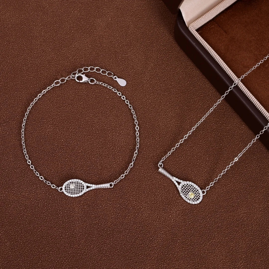 S925 Sterling Silver Inlaid Zircon Tennis Racket Pendant Necklace and Bracelet Set - Women's and Girls' Jewelry Accessories SL56