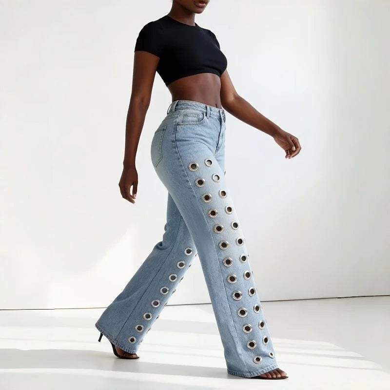 Girls Fashion Metal Ring Cutout Hollow Out Straight Leg Jeans Female Mid-rise Slim Fit Denim Pants Women Retro Designer Trousers