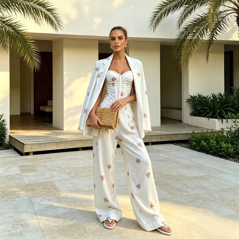 Spot-Floral Printed 3pcs Sets for Women Strap Corset Lapel Blazer Jacket Straight Pants Lady Set Fashion Vacation Outfits Suits