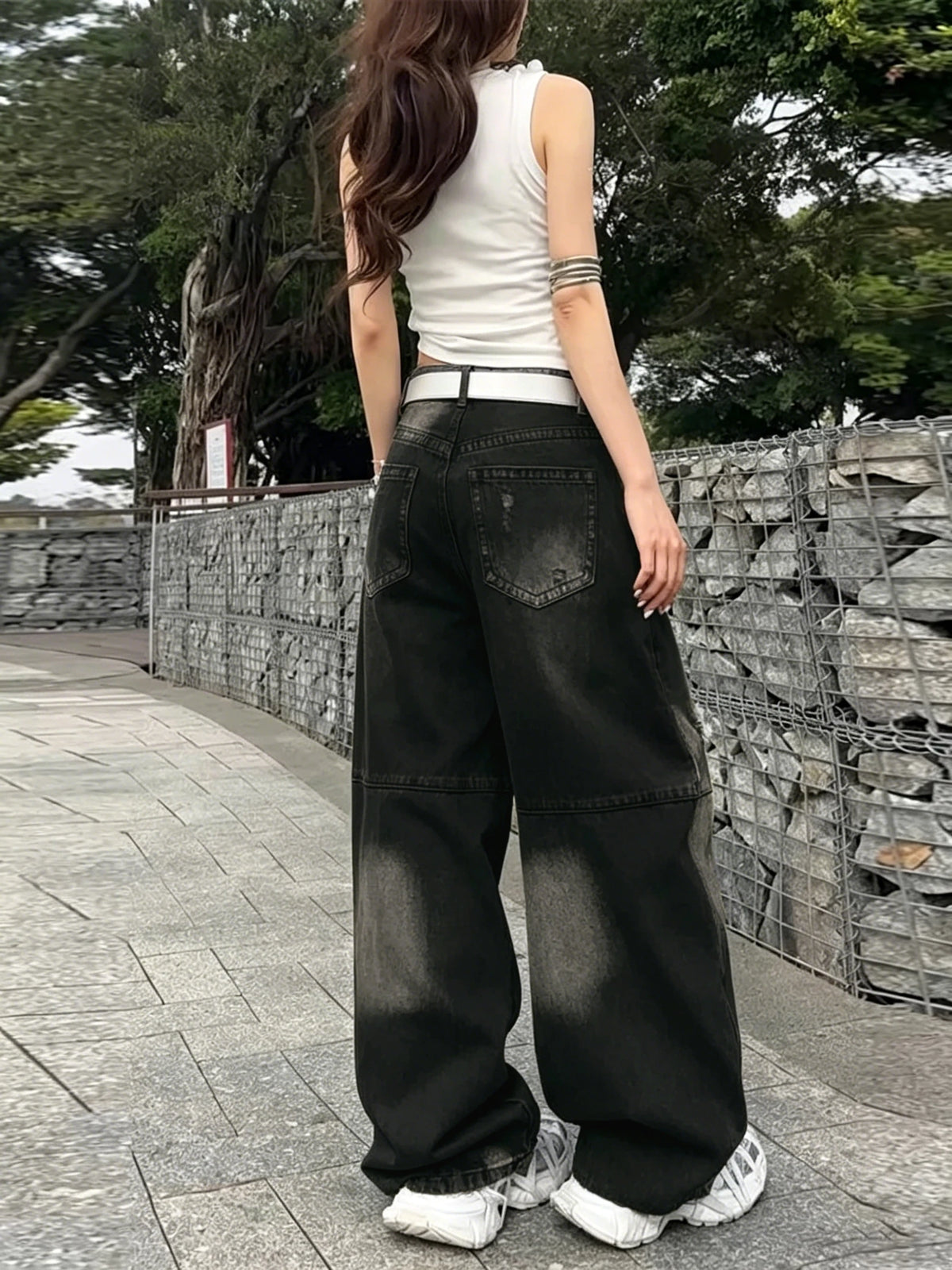 Jeans American Vintage Ripped Patchwork Washed Black Baggy Wide-Leg Jeans Y2K Street Trend Versatile Spicy High-Waist Long Pants