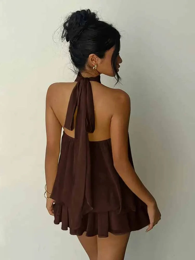 European and American Solid Color Neck Hanging mini Skirt with Loose Atmosphere, Beach Date Sleeveless Short Dress