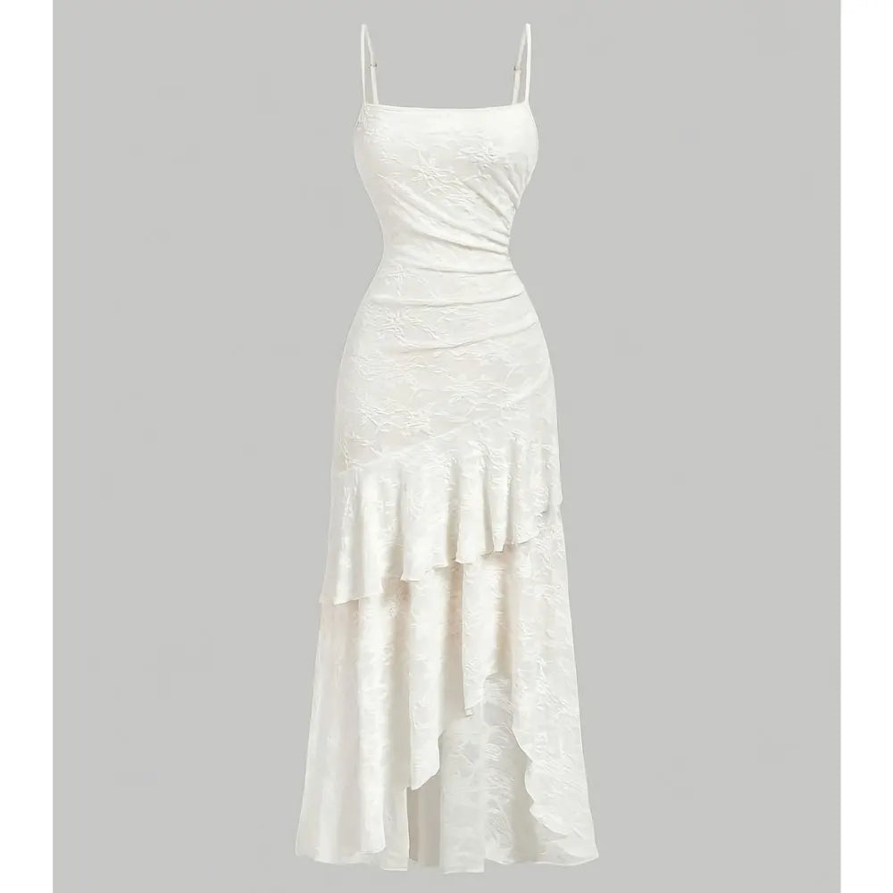 Women Romantic Elegant Jacquard Textured Tiered Ruffle Maxi Slip Dress, Slim Spaghetti Strap Long Dress