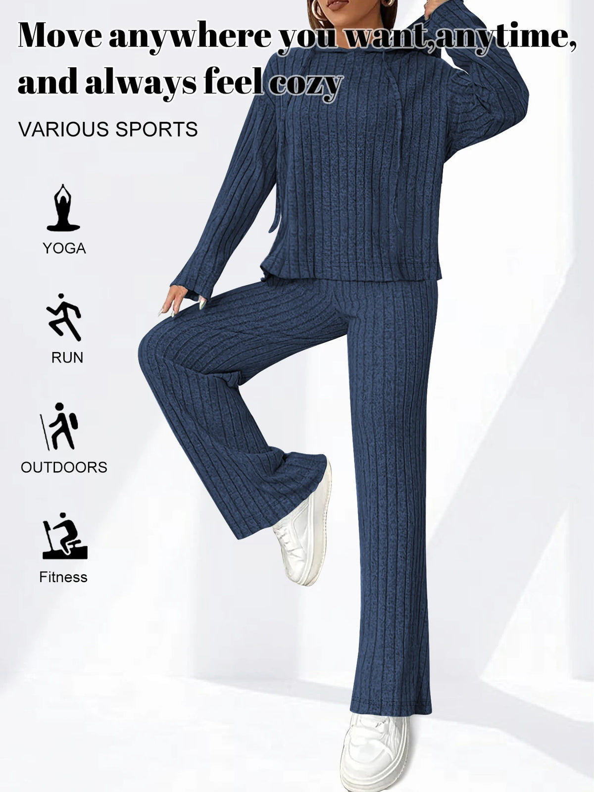 2 Pieces Ribbed Knit Outfits Drawstring Hoodies Jogger Pants Matching Pajama Sets with Pockets