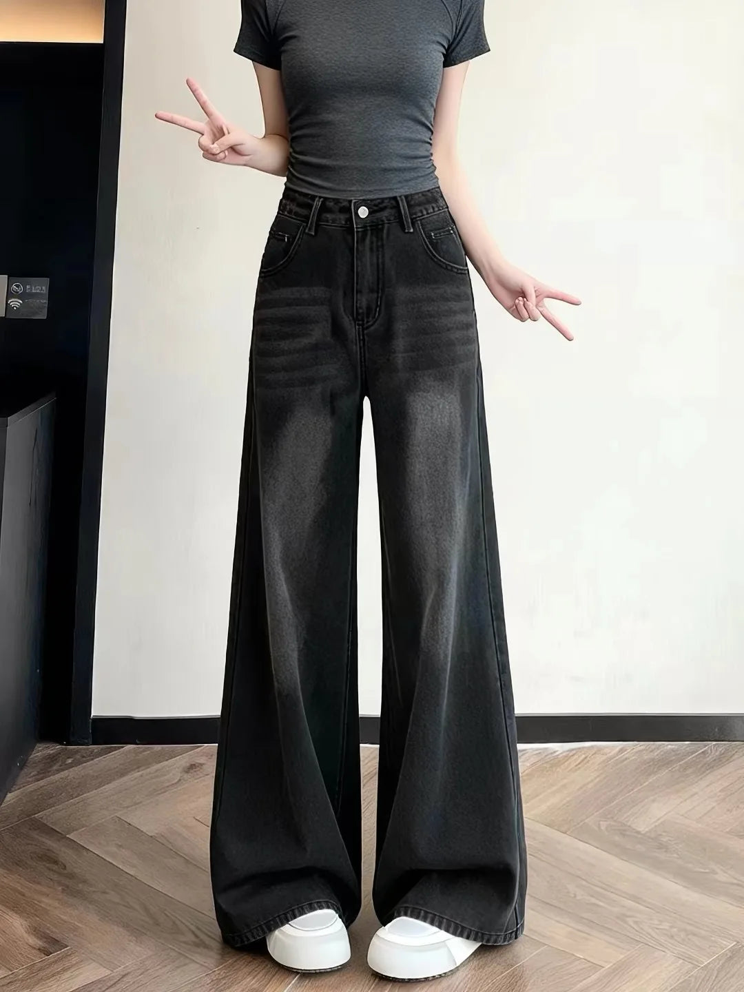 Jeans High Waist Straight Leg Denim Jeans plus Size Vintage Black Women's Fashion Autumn Loose Slimming Wide Leg Pants