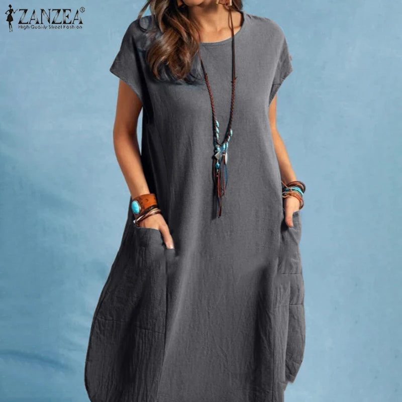 ZANZEA Summer Casual Cotton Dress for Woman O-Neck Short Cap Sleeve Loose Cotton Knee-Length Dress Vacation Day Wear Robes Femme