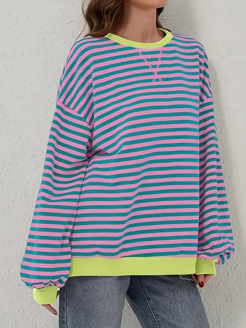 Plus Size 1XL-5XL Women Casual Casual Striped Drop Shoulder Long Sleeve Sweatshirt Women's Round Neck Loose Sweatshirt