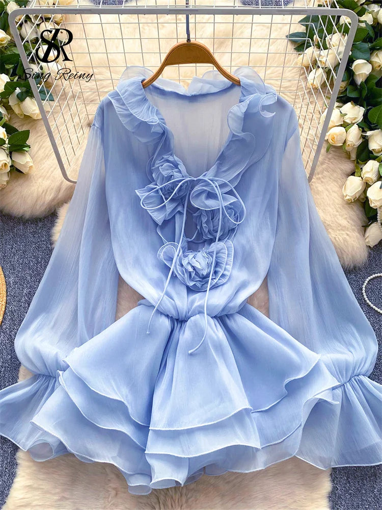 Dress Bohemian Floral SINGREINY 3D Floral Beach Short Dress Female Long Sleeves Lace Up Ruffle Chiffon Cake Sundress Sheer Sexy Vintage Bohemian Dress