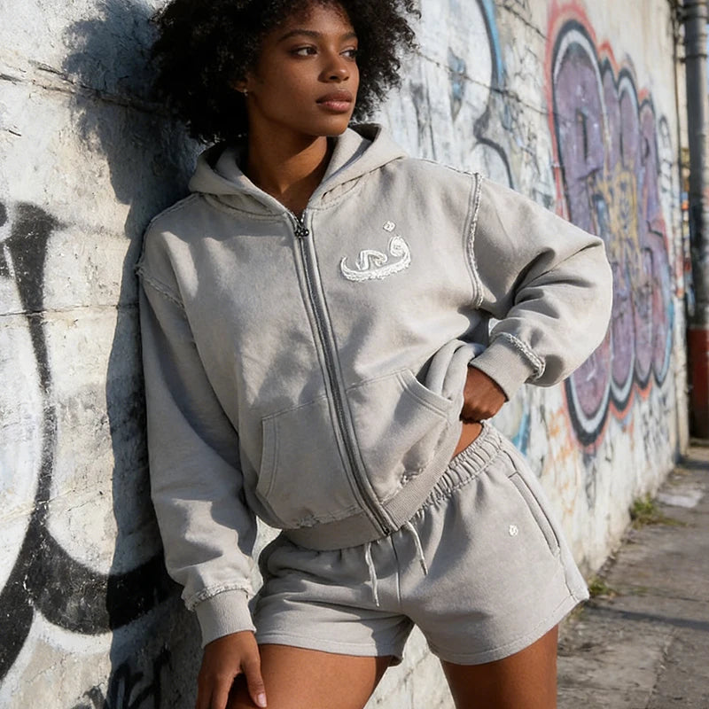 2000s Women Simple Streetwear Autumn Winter Zipper Cardigan Letter Symbol Patchwork Trend Vintage Casual Long Sleeved Hoodies