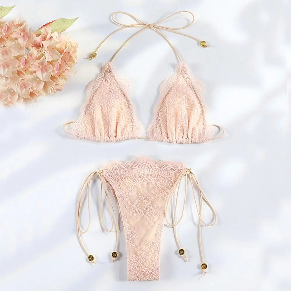 2Pcs/Set Fashion Summer Lace Bikini Set Bandage Patchwork Triangle Swimwear Casual Hollow Bathing Suit Vacation