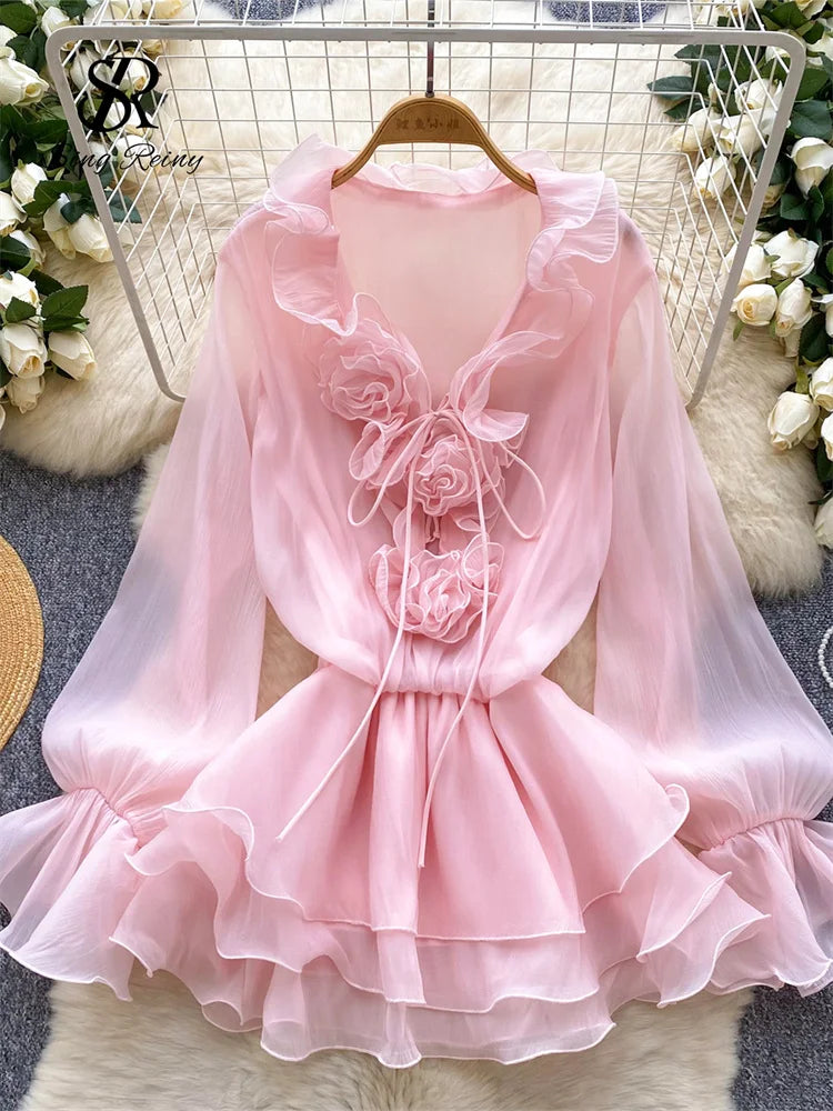 Dress Bohemian Floral SINGREINY 3D Floral Beach Short Dress Female Long Sleeves Lace Up Ruffle Chiffon Cake Sundress Sheer Sexy Vintage Bohemian Dress
