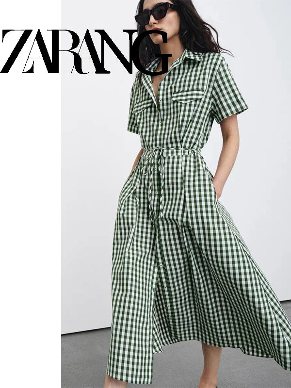 ZAZR Spring 2026 Fashion Shirt Dress Small Plaid Women's Dress Stylish Waist-Cinching Polyester Short Sleeve Loose Fit