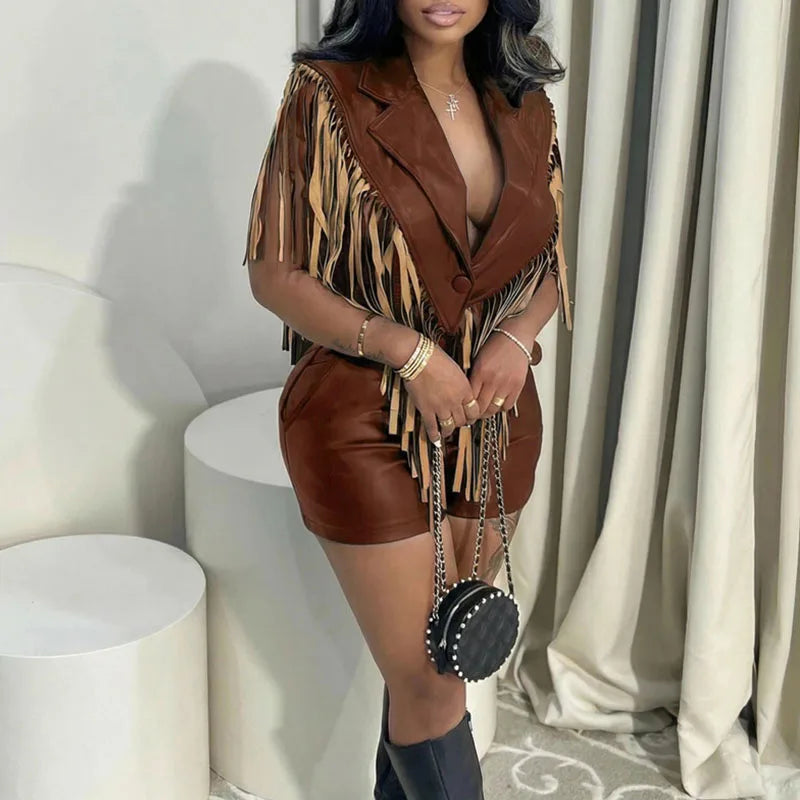 Doyerl PU Faux Leather Two Piece Set Women 2026 Streetwear Tassel Single-breasted Vest Top and Shorts in Matching Sets