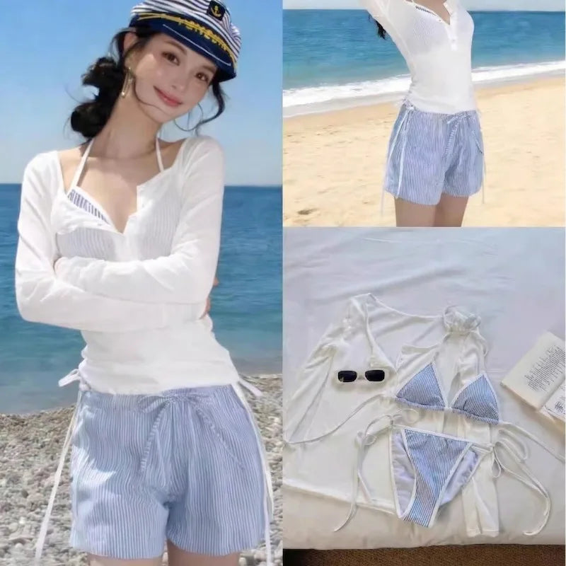 Women 4 Piece Striped Halter Bikini Long Sleeve Button Cover Up Drawstring Shorts Tummy Control Nautical Beach Vacation Swimwear