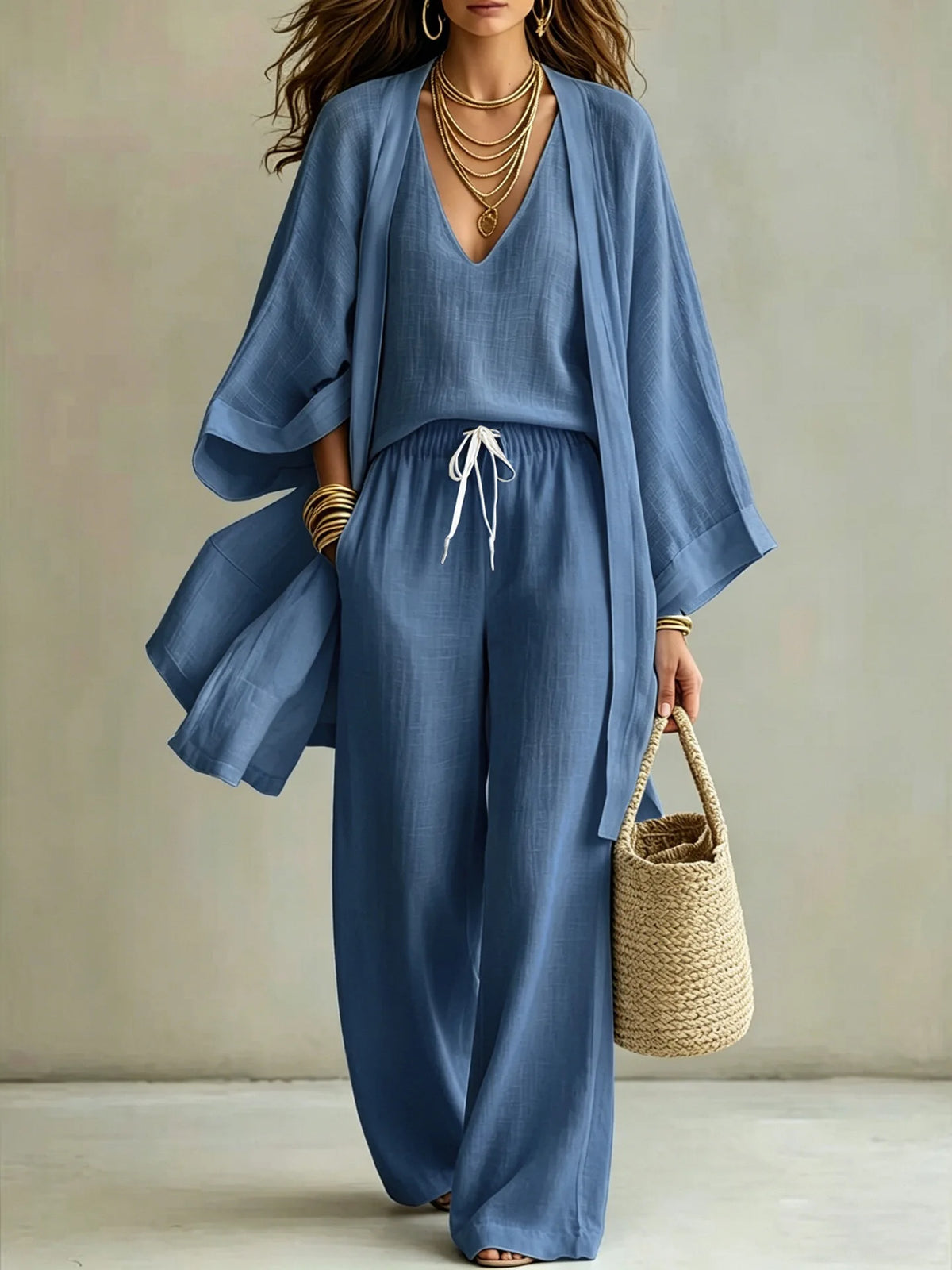 2026 Loose Wide Leg Pants Cardigan Three Piece Set Women's Fashion Outfit Spring Season Four Seasons Universal Size