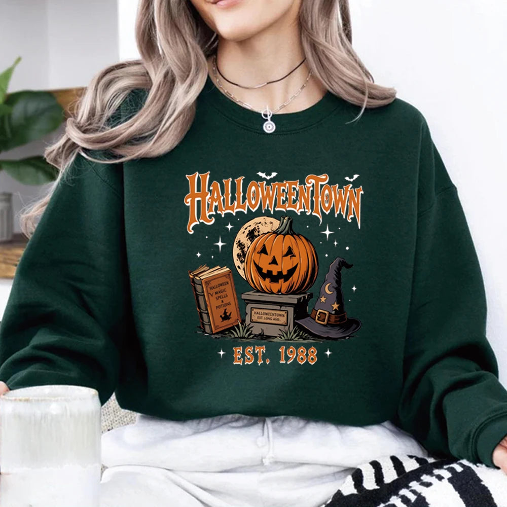 Vintage Halloween Town Est 1988 Sweatshirt Fall Pumpki Shirt Spooky Season Hoodie Winter Clothes Women Long Sleeve Sweatshirts