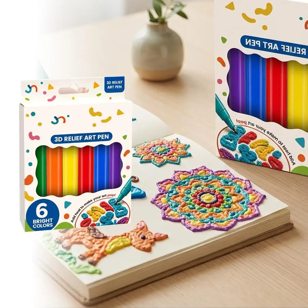 3D Relief Art Puffy Paint Pens 6 Vibrant Colors Heat Activated Raised Texture Drawing Markers DIY Handicraft Painting Tools