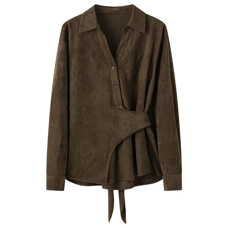 Set FSLE Maillard Coffee Faux Suede Tie Waist Shirt and Skirt Two Piece Set Women Retro Slimming Office Commute Date Outfits