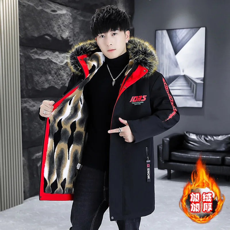 Winter New Men's Parka Hooded Woolen Collar Cotton Coat Thickened Warmth Fashionable Mid length Wool Liner Jacket