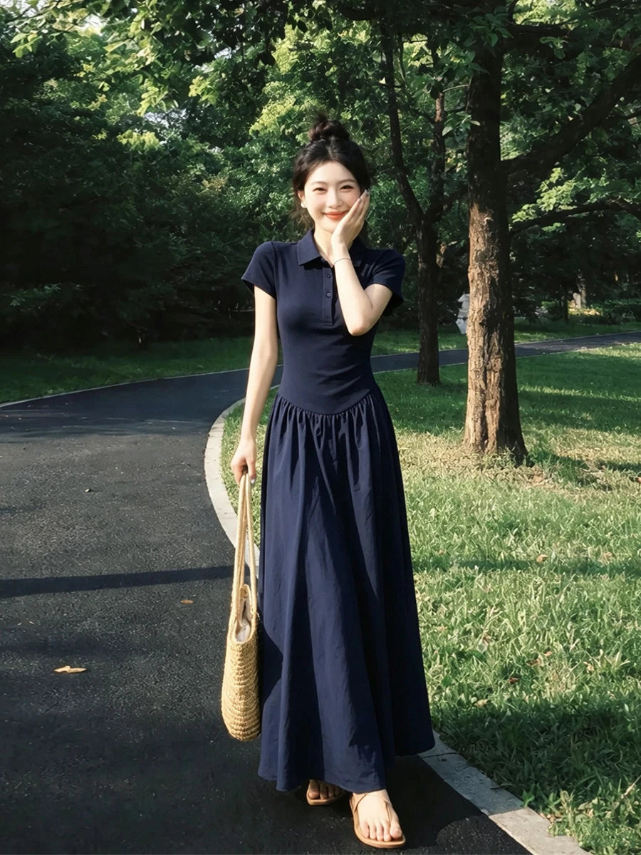 Hebe Style Collar Dress Women's A-Line Long Dress Slimming Waist Design Summer 2026 Fashion Elegant Versatile Short Sleeve