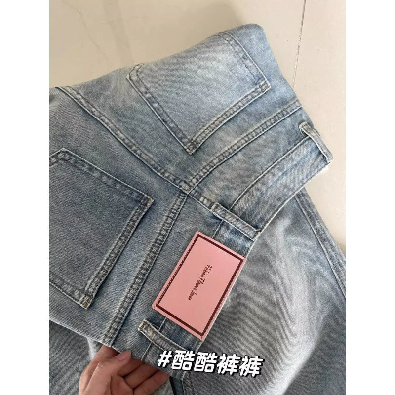 Women Jeans Lady Straight-leg Pants Light-colored Pocket High-waist Jeans Girl Student Loose Straight-leg Pants Slimming jeans