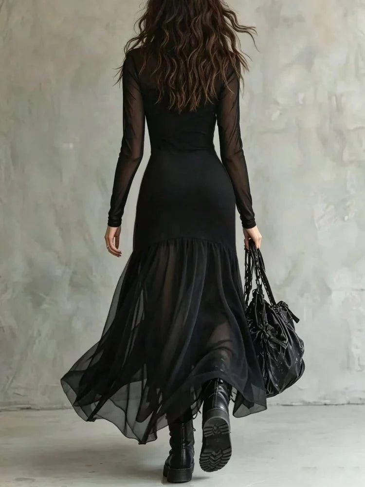 Women's Spring/Summer Outfit, Elegant Dress, Holiday Outfit, Casual Dress, Outing Dress, Mesh Dress, Long Sleeve Dress, Graduati