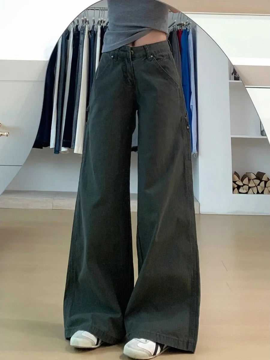 Jeans American Style Military Green Straight Leg Jeans Women's Loose Slim High Waist Casual Wide Leg Pants Autumn Arrival