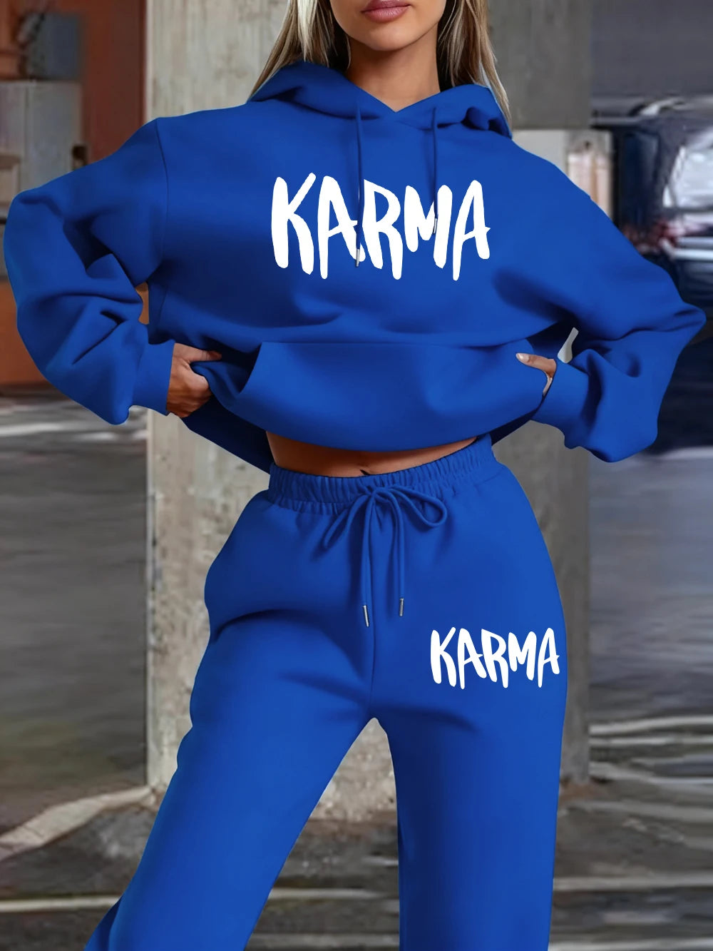 2 Piece Hoodies Set Womens Karma Letter Printing Sweatpantssporty Oversized Fleece Warm Sweatshirts Pants Autumn Pocket Clothes