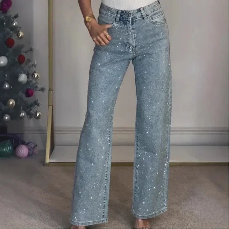 2025 Women Straight Diamonds Mom Jeans Stretch High Waist Washed Y2K Streetwear Vintage Denim Trousers For Daily Party Wear