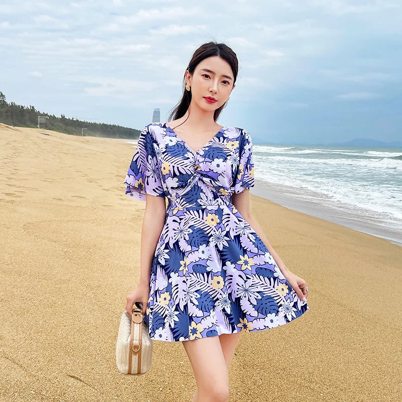 Women's One Piece Swimdress Tropical Floral V Neck Twist Front Short Sleeve Flared Skirt Summer Beach Bathing Suit Swimwear