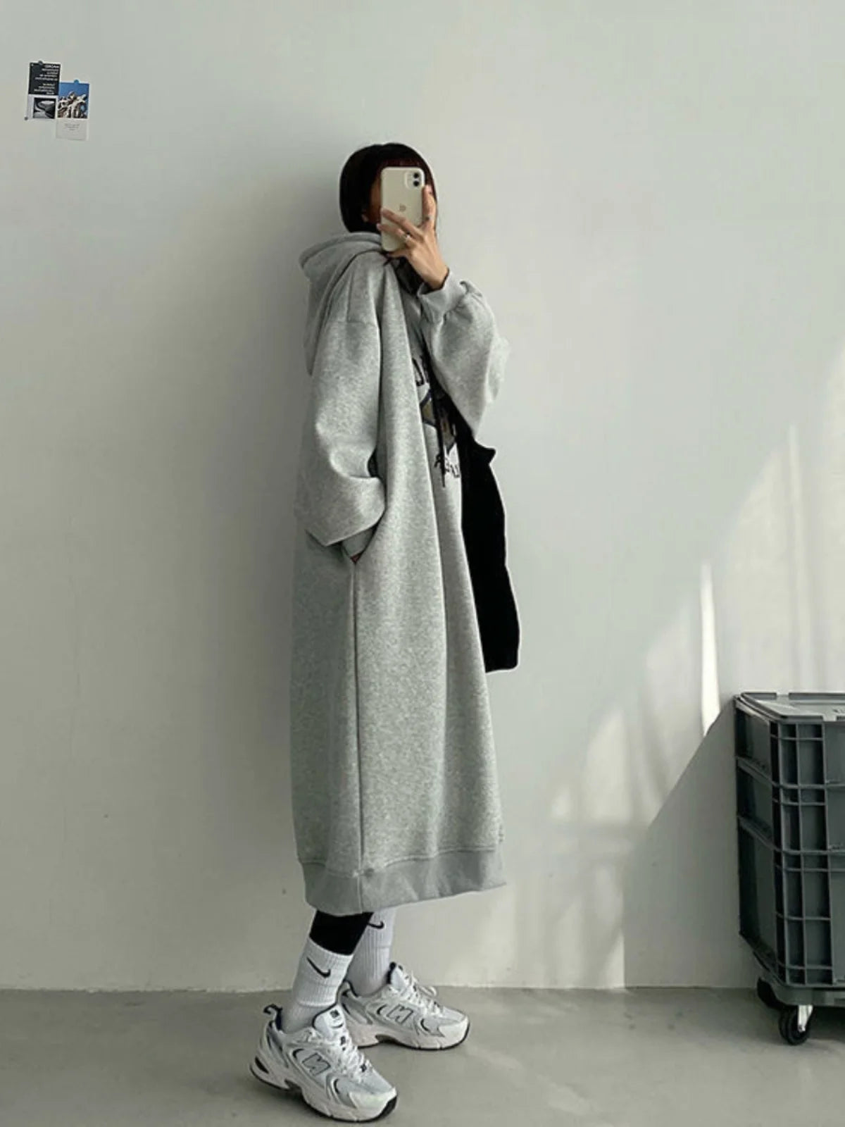 plus Size Women's Fleece Lined Hoodie Dress Conceal Meat Lazy Style Loose Autumn Winter Long Sleeve mid Length a Line Dress