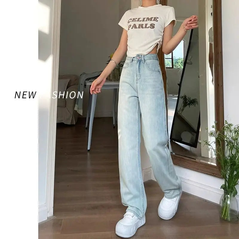 Autumn Retro Wide-leg Y2K Jeans Women's 2026 High Waist Loose and Thin American Solid Straight Denim Trousers Female Casual Pant