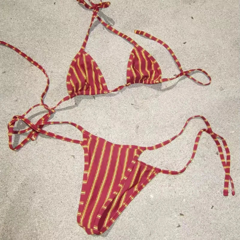 2026 Women's Bikini Swimsuit Stripe Hanging Neck Beach Vacation Swimwear Stylish Elegant Fashionable Summer Fun Poolside Look