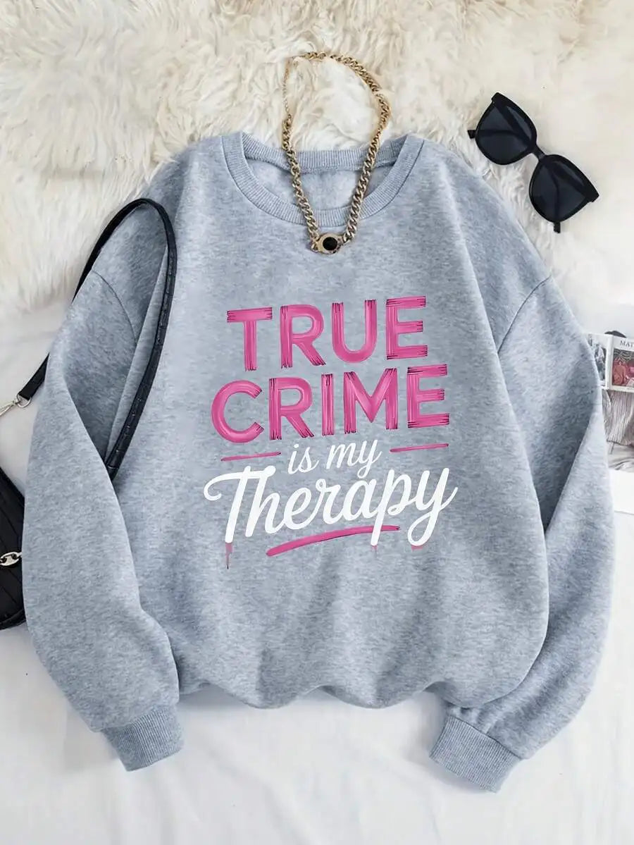 Women True Crime Is My Therapy Pink Letter Graphic Crewneck Sweatshirt, Chic Loose Long Sleeve Pullover, Fall Casual Outfit True Crime Lover Sweatshirt