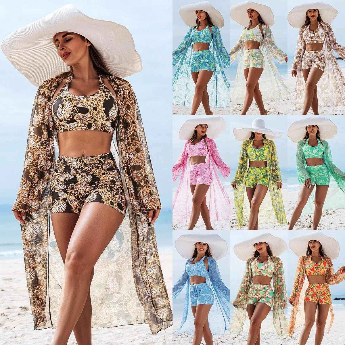 Women 3 Piece Floral Print Bikini Set with Kimono Cover Up High Waisted Push Up Swimsuit Sexy Beachwear Bathing Suit Swimwear