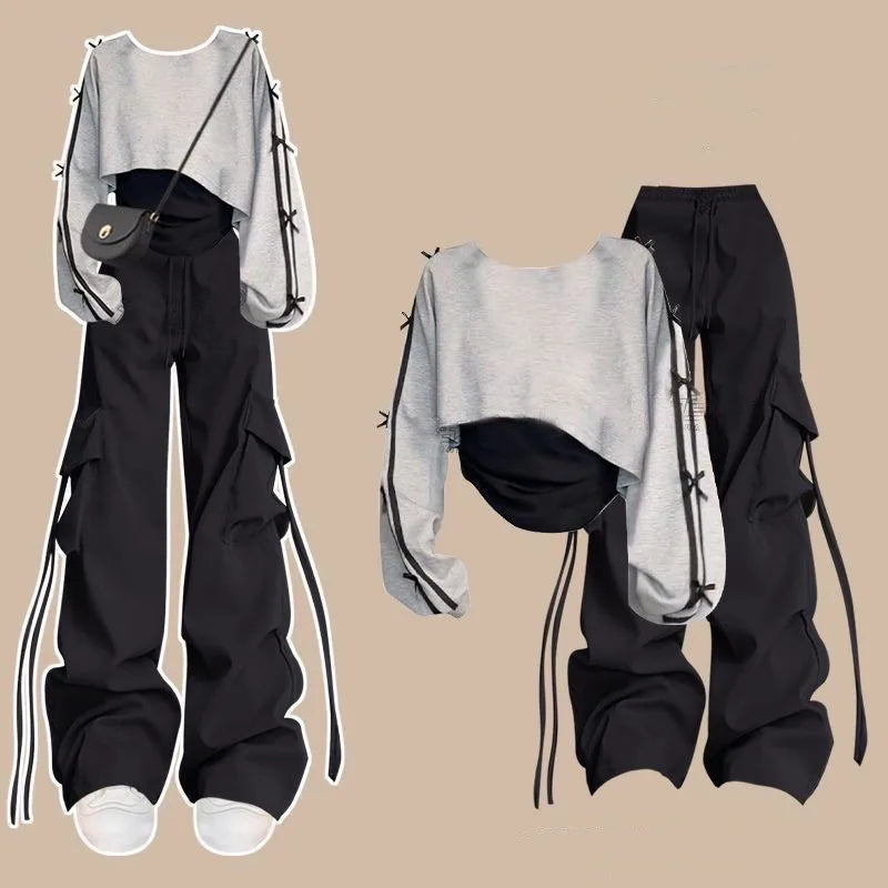 2026 Girls' Spring Chic Tracksuit Matching Set Korean Elegant Long-sleeve Hoodie Top+Vest+Casual Cargo Pants 3-Piece Suit