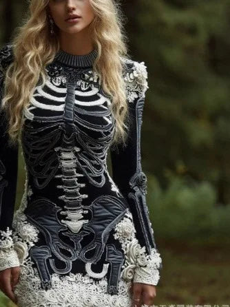 Dress Halloween Skeleton Dress Women's Gothic Style Ghost Party Pure Color Long Sleeve Natural Waist Polyester Fiber Skirt
