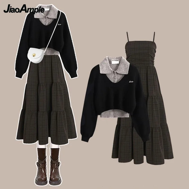 2026 Women's Spring Autumn Knit Sweater+POLO Vest+Retro Plaid Strap Skirt 3-Piece Suit Lady Elegant Dress Matching Set