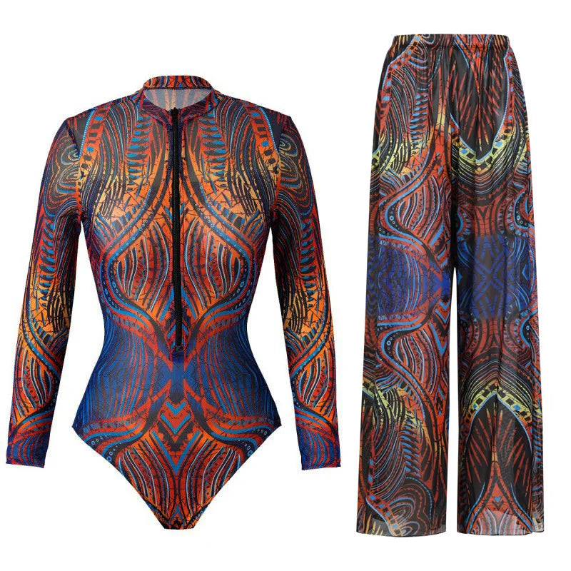 Women's Long Sleeve Swimwear Sunscreen One Piece Swimsuit High Elastic Thickened Mesh Loose Pants SPF35+ Fitness Beachwear