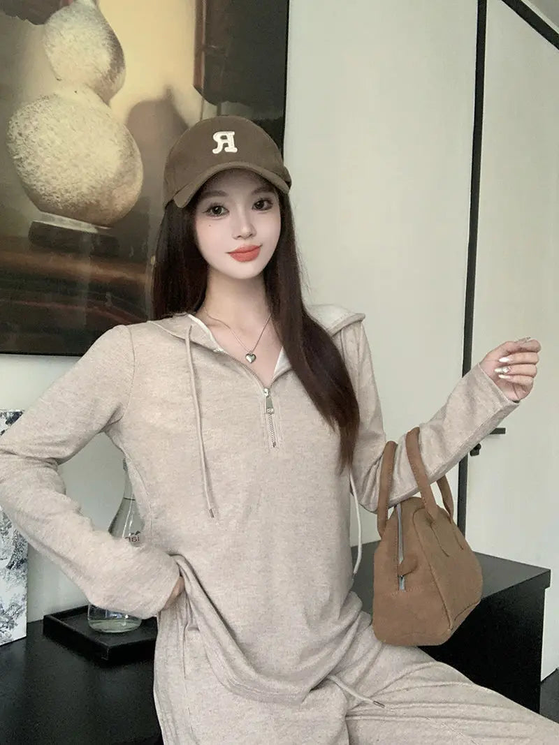 Women's Lazy Style Hooded Sweatshirt Set, Autumn Winter Plus Size Outfit, Casual Slim-fit Korean Wide Leg Pants Two-piece Set