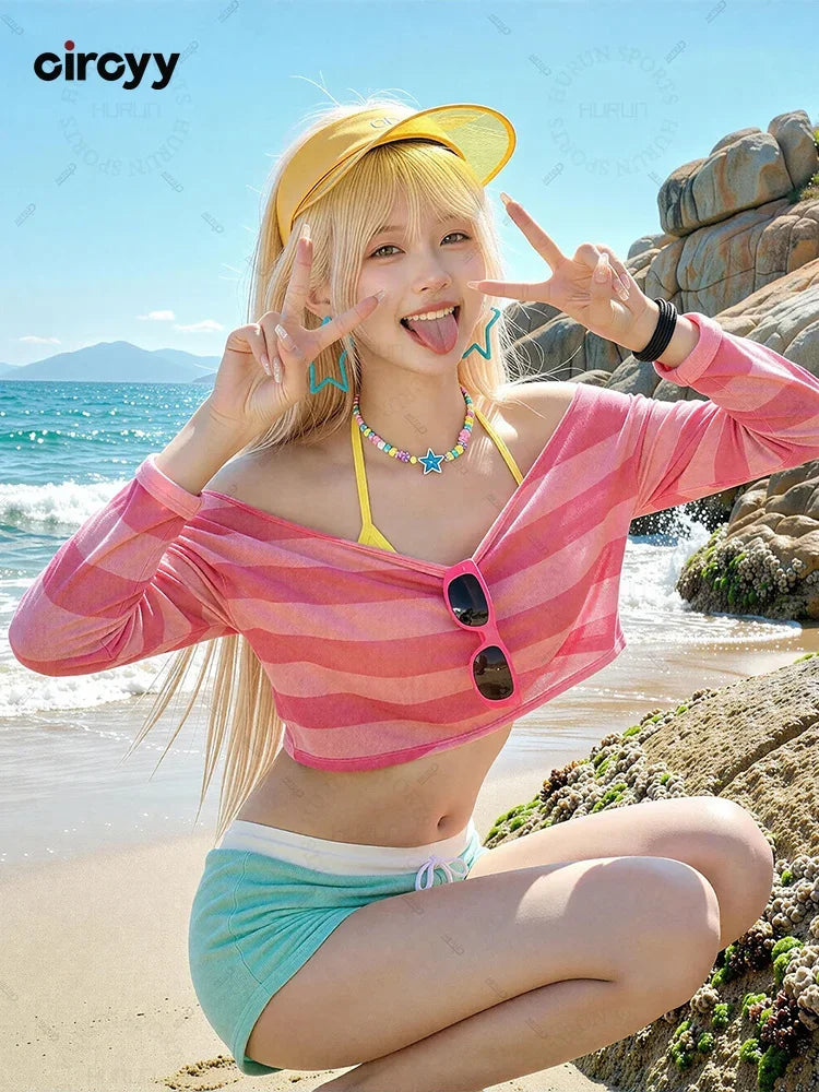 Circyy Striped Swimwear Women Bikinis Set Backless 3-pieces Korean Cute Sweet Girls Shorts Swimsuit Beach Long Sleeve Cover-Ups
