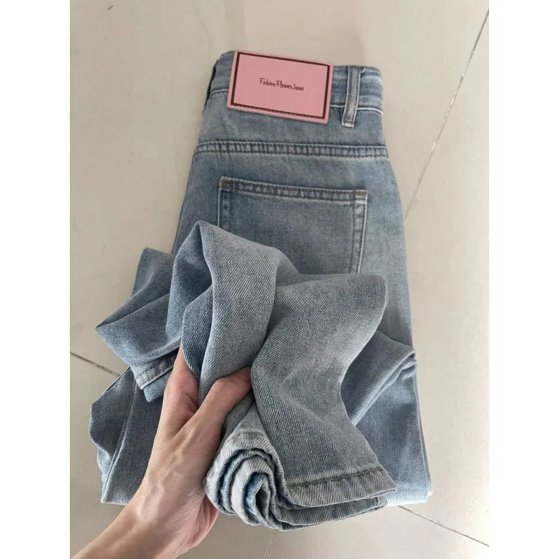 Women Jeans Lady Straight-leg Pants Light-colored Pocket High-waist Jeans Girl Student Loose Straight-leg Pants Slimming jeans